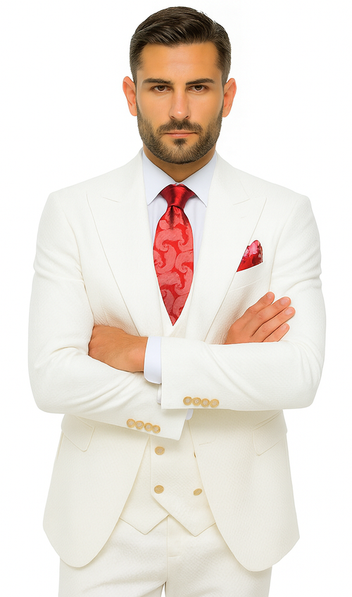 Rossi Man Slim Fit 3-Piece White Suit - Peak Lapel Jacket with Double-Breasted Vest by USA Men's Outlet