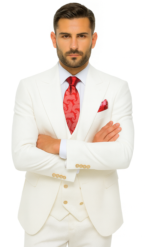 Rossi Man Slim Fit 3-Piece White Suit - Peak Lapel Jacket with Double-Breasted Vest by USA Men's Outlet