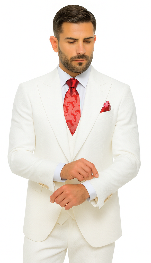 Rossi Man Slim Fit 3-Piece White Suit - Peak Lapel Jacket with Double-Breasted Vest by USA Men's Outlet