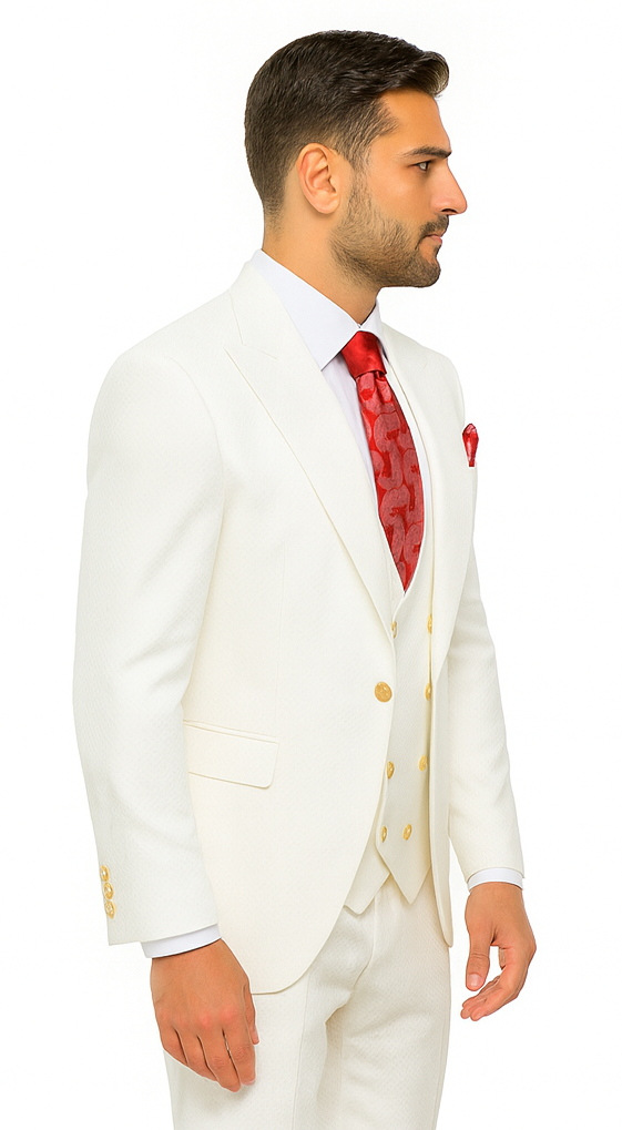 Rossi Man Slim Fit 3-Piece White Suit - Peak Lapel Jacket with Double-Breasted Vest by USA Men's Outlet