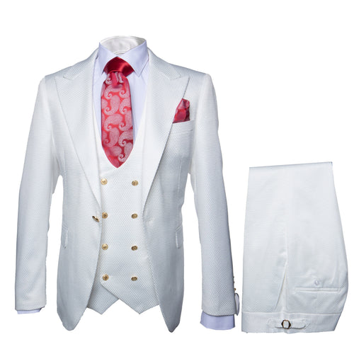 Rossi Man Slim Fit 3-Piece White Suit - Peak Lapel Jacket with Double-Breasted Vest by USA Men's Outlet