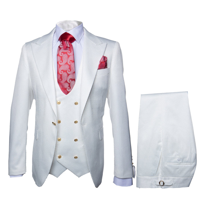 Rossi Man Slim Fit 3-Piece White Suit - Peak Lapel Jacket with Double-Breasted Vest by USA Men's Outlet