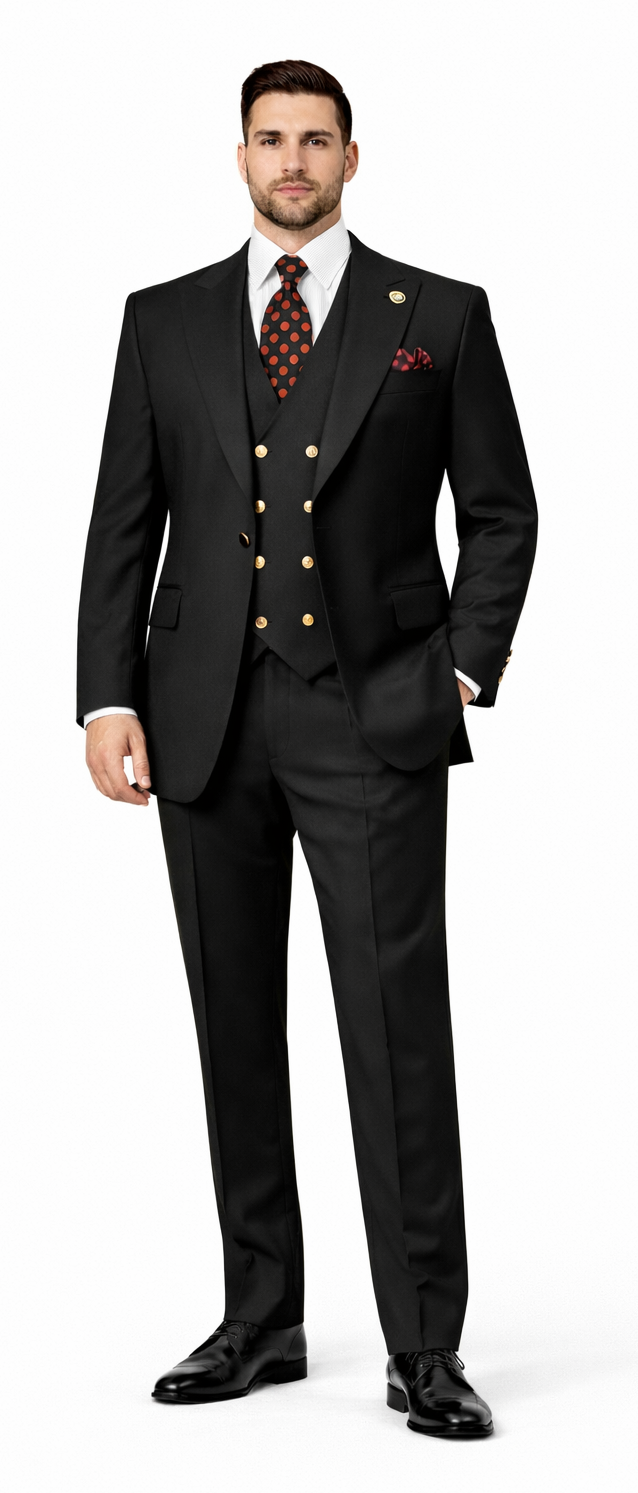 Rossiman Black Suit for Men - Classic 1-Button Peak Lapel Jacket & Double-Breasted Vest - Italian Tailored 3-Piece Luxury Suit USA Men's Outlet
