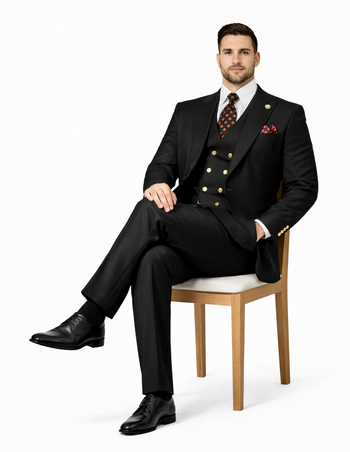 Rossiman Black Suit for Men - Classic 1-Button Peak Lapel Jacket & Double-Breasted Vest - Italian Tailored 3-Piece Luxury Suit USA Men's Outlet