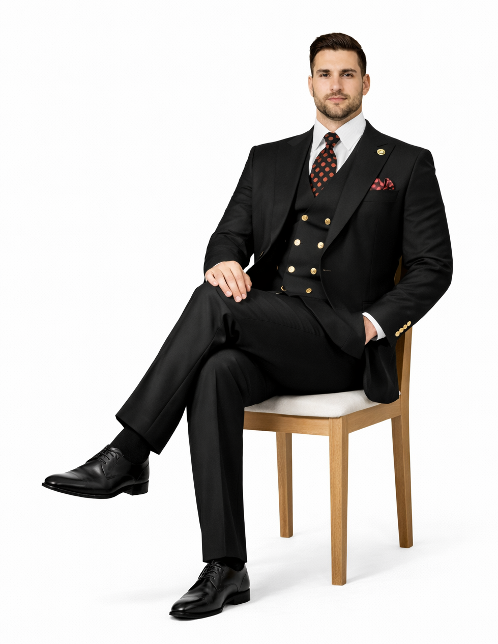 Rossiman Black Suit for Men - Classic 1-Button Peak Lapel Jacket & Double-Breasted Vest - Italian Tailored 3-Piece Luxury Suit USA Men's Outlet