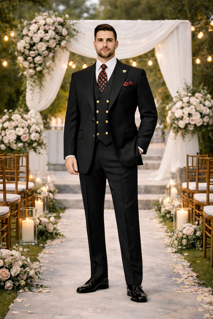 Rossiman Black Suit for Men - Classic 1-Button Peak Lapel Jacket & Double-Breasted Vest - Italian Tailored 3-Piece Luxury Suit USA Men's Outlet
