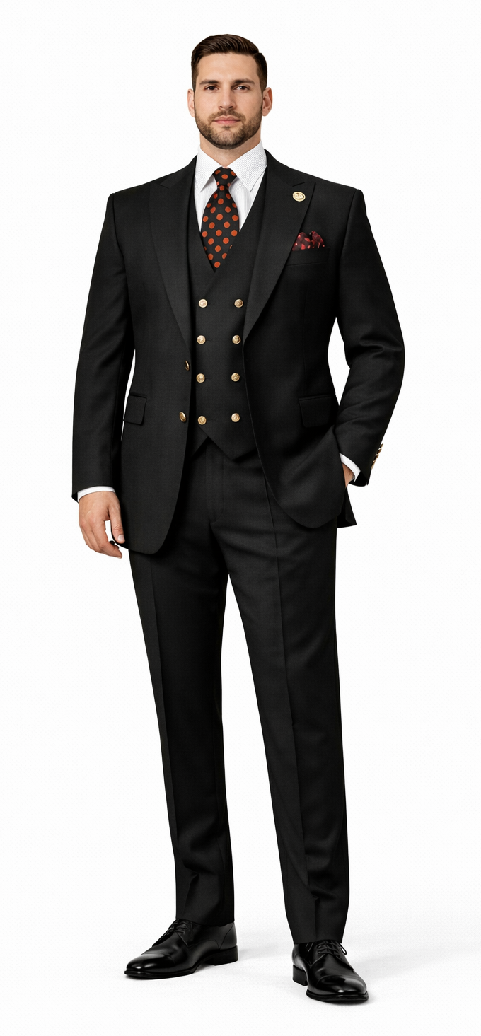 Rossiman Black Suit for Men - Classic 1-Button Peak Lapel Jacket & Double-Breasted Vest - Italian Tailored 3-Piece Luxury Suit USA Men's Outlet