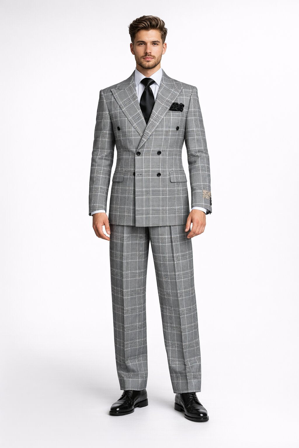 Suits With Baggy Pleated Pants - Wide Leg Pants 100% Wool - Classic Fit in Black and White Plaid Color by Rossiman USA Men's Outlet – SuitUSA