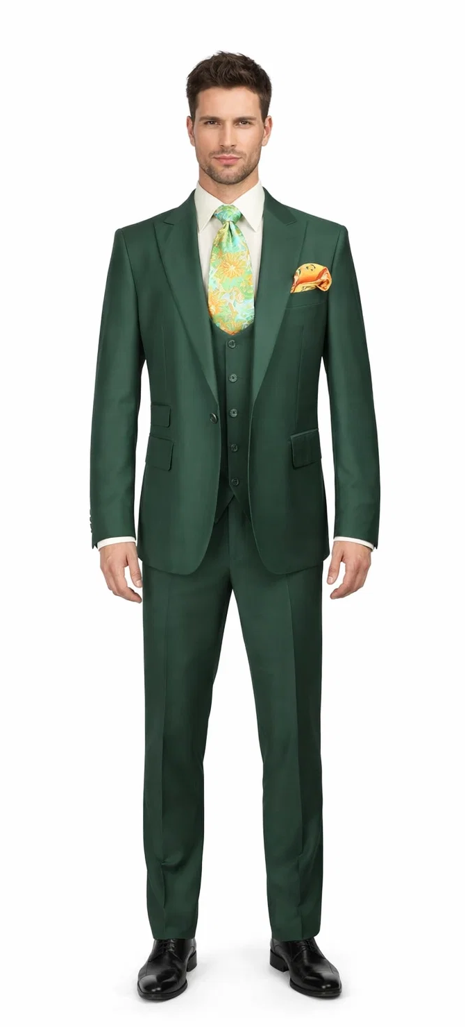 Rossiman Hunter Green Slim Fit Men’s Suit - 3-Piece Vested Set with Flat Front Trousers - Italian Tailored Elegance by USA Men's Outlet