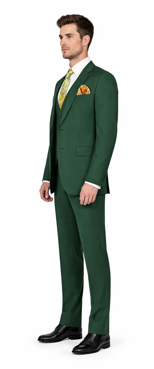 Rossiman Hunter Green Slim Fit Men’s Suit - 3-Piece Vested Set with Flat Front Trousers - Italian Tailored Elegance by USA Men's Outlet