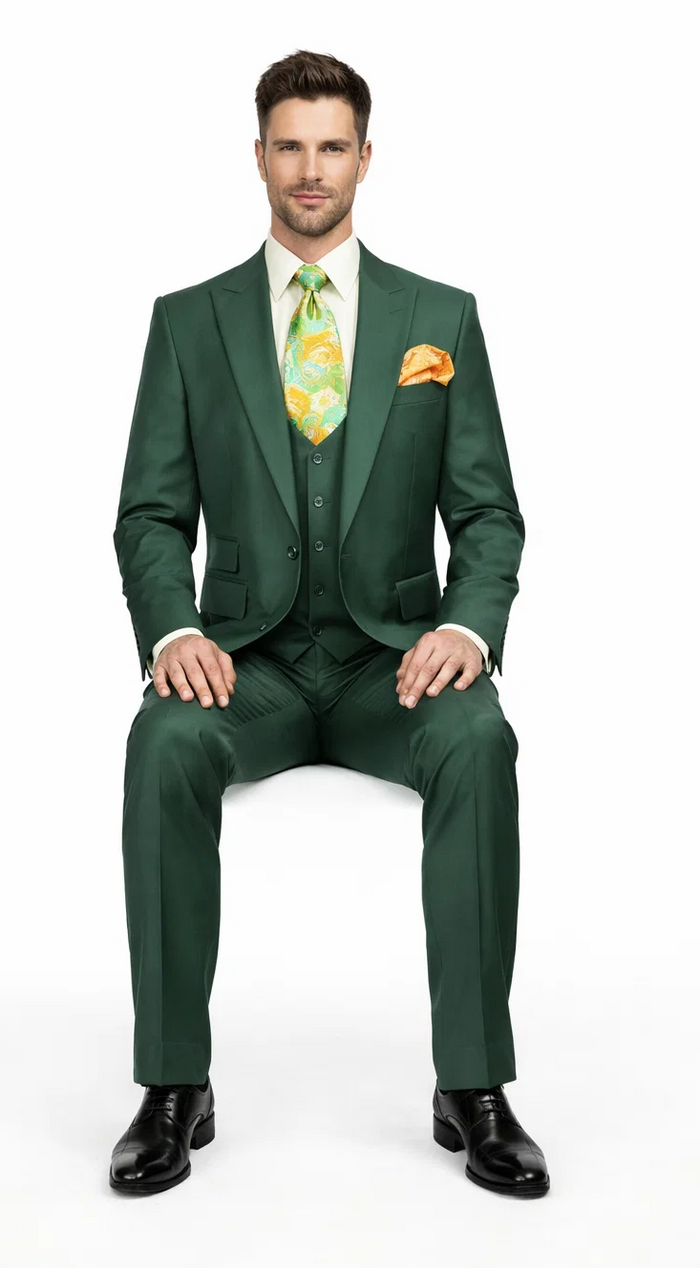 Rossiman Hunter Green Slim Fit Men’s Suit - 3-Piece Vested Set with Flat Front Trousers - Italian Tailored Elegance by USA Men's Outlet
