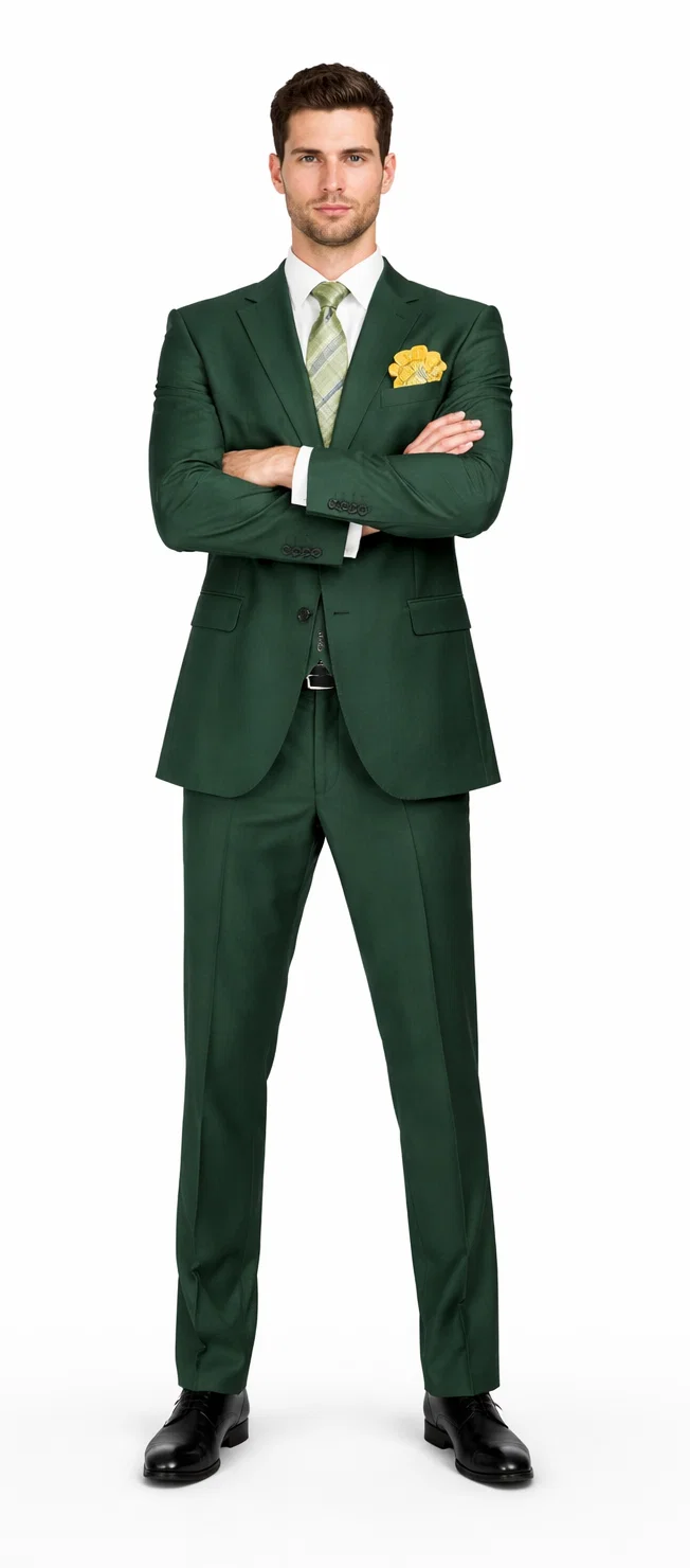 Rossiman Hunter Green Slim Fit Men’s Suit - 3-Piece Vested Set with Flat Front Trousers - Italian Tailored Elegance by USA Men's Outlet