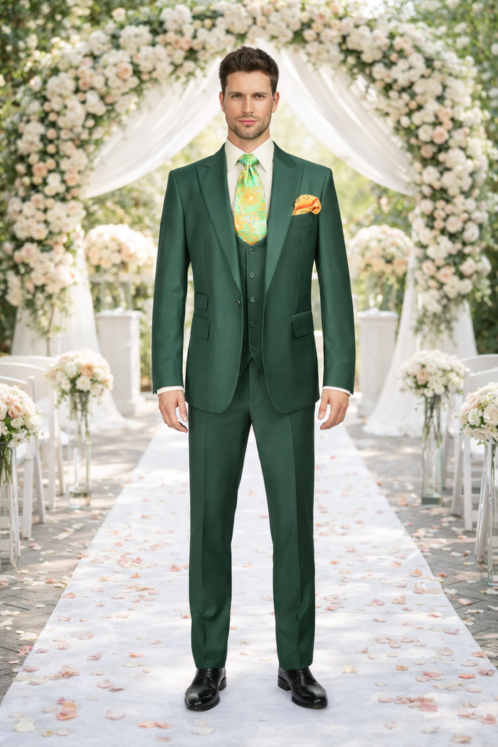 Rossiman Hunter Green Slim Fit Men’s Suit - 3-Piece Vested Set with Flat Front Trousers - Italian Tailored Elegance by USA Men's Outlet