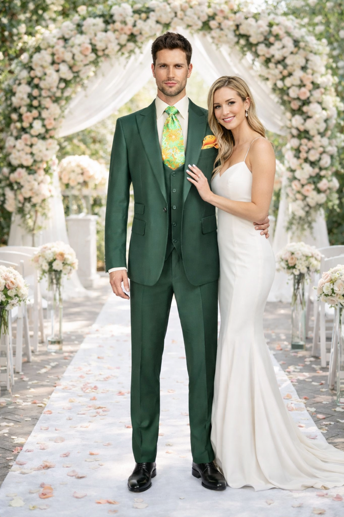 Rossiman Hunter Green Slim Fit Men’s Suit - 3-Piece Vested Set with Flat Front Trousers - Italian Tailored Elegance by USA Men's Outlet