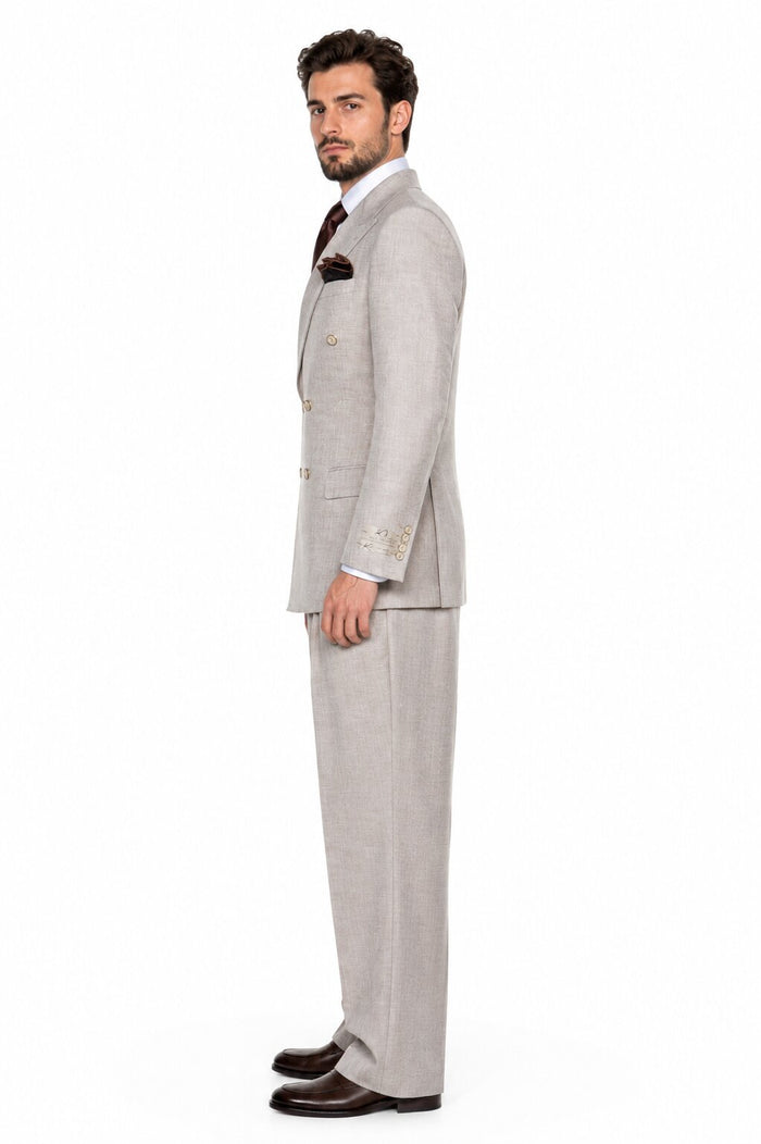 Suits With Baggy Pleated Pants - Wide Leg Pants 100% Wool - Classic Fit in Light Brown Color by Rossiman USA Men's Outlet