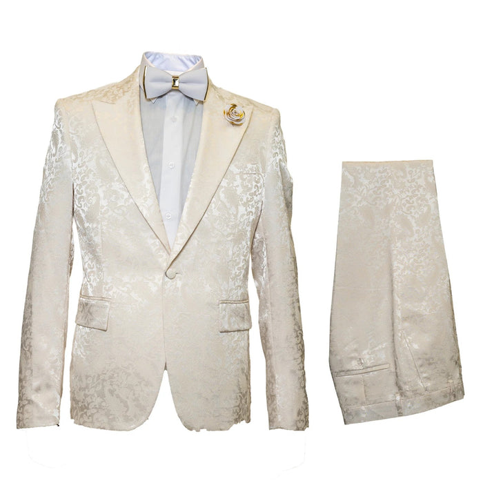 Rossiman Men’s Champagne Ivory Jacquard Paisley Tuxedo - Satin Shawl Lapel by USA Men's Outlet