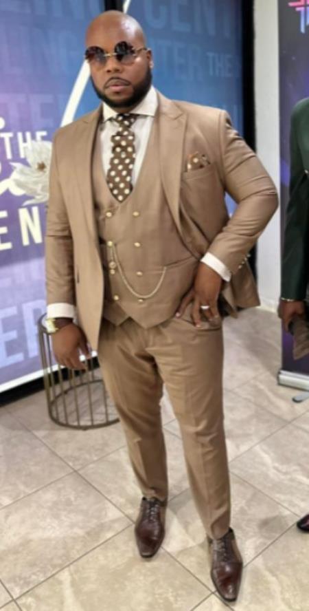 Rossiman Men’s Tan Suit - Gold Buttons & Double-Breasted Vest Elegance - Italian Tailored Luxury Suit for Men by USA Men's Outlet