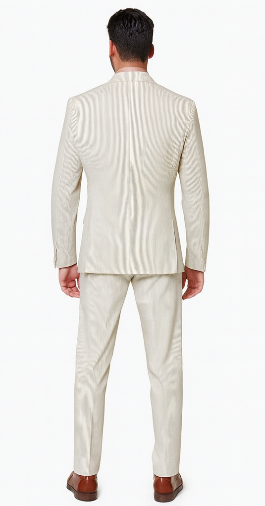 Rossiman Men’s Beige Seersucker Suit - Peak Lapel Suit with Tone-on-Tone Shadow Stripe by USA Men's Outlet