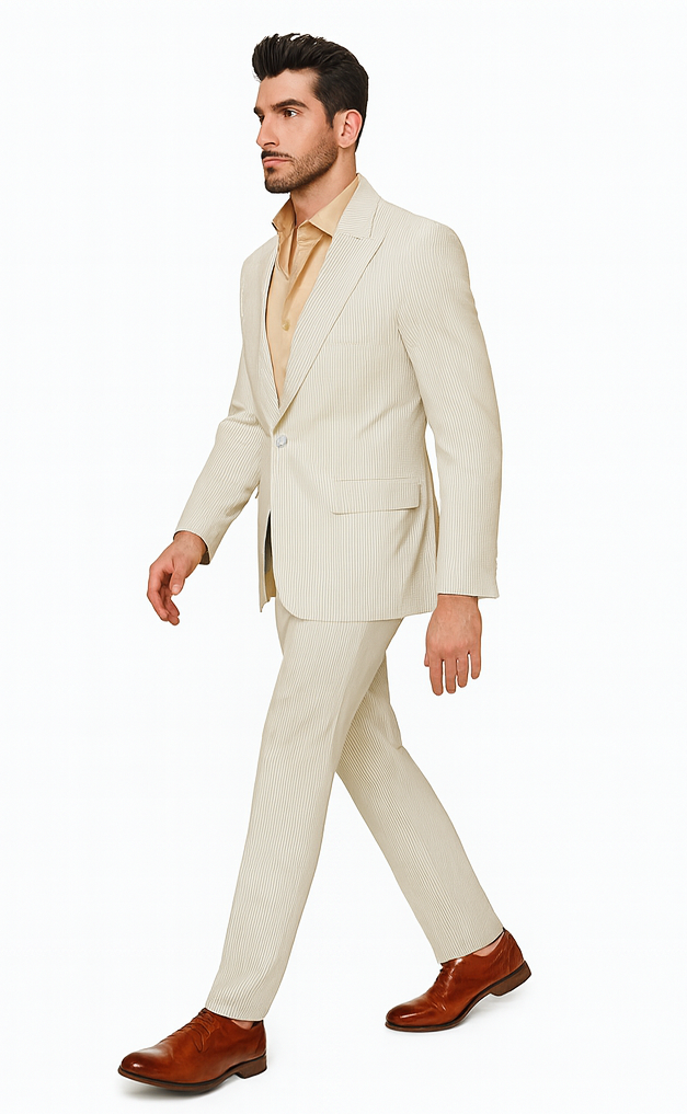 Rossiman Men’s Beige Seersucker Suit - Peak Lapel Suit with Tone-on-Tone Shadow Stripe by USA Men's Outlet
