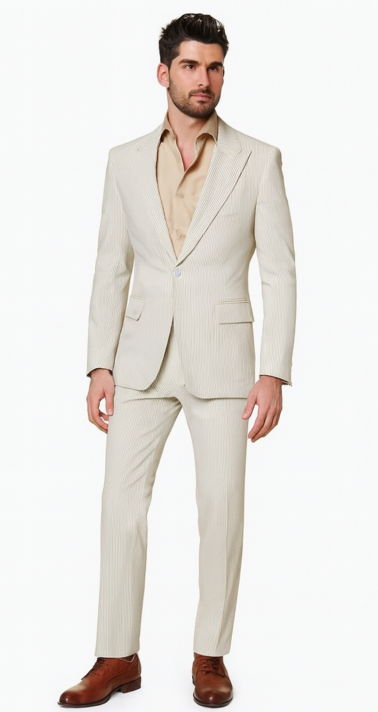 Rossiman Men’s Beige Seersucker Suit - Peak Lapel Suit with Tone-on-Tone Shadow Stripe by USA Men's Outlet