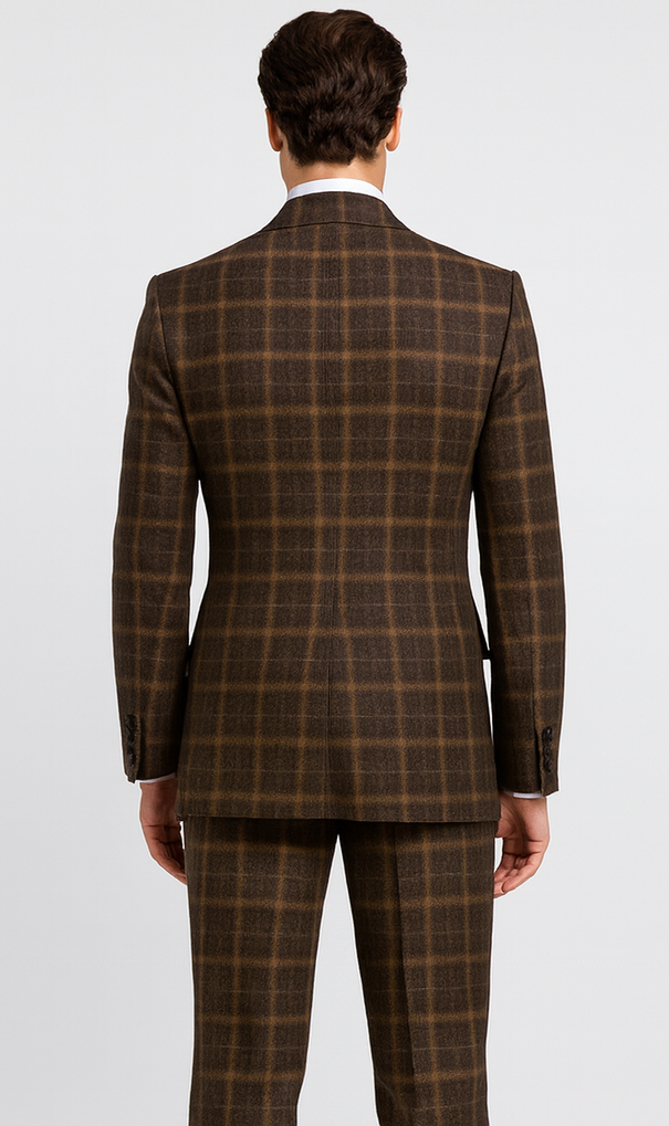 Rossiman Men’s Brown Windowpane Plaid Double-Breasted Wool Suit - Classic Formalwear by USA Men's Outlet