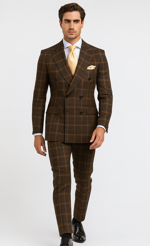 Rossiman Men’s Brown Windowpane Plaid Double-Breasted Wool Suit - Classic Formalwear by USA Men's Outlet