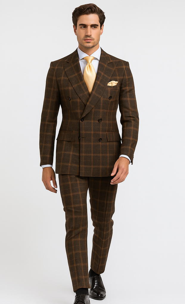 Rossiman Men’s Brown Windowpane Plaid Double-Breasted Wool Suit - Classic Formalwear by USA Men's Outlet