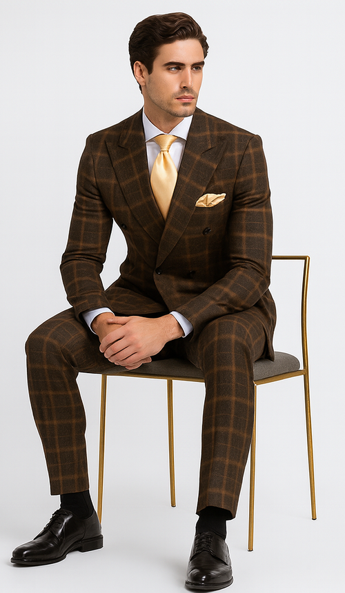 Rossiman Men’s Brown Windowpane Plaid Double-Breasted Wool Suit - Classic Formalwear by USA Men's Outlet