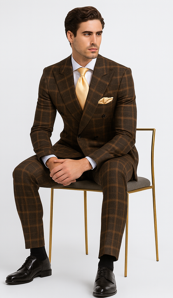 Rossiman Men’s Brown Windowpane Plaid Double-Breasted Wool Suit - Classic Formalwear by USA Men's Outlet