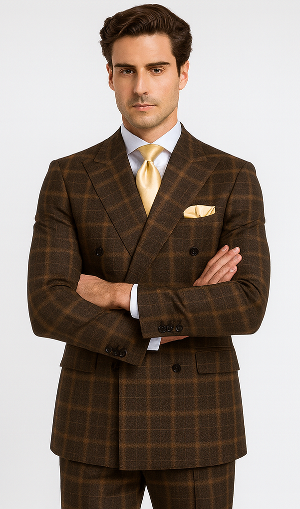 Rossiman Men’s Brown Windowpane Plaid Double-Breasted Wool Suit - Classic Formalwear by USA Men's Outlet