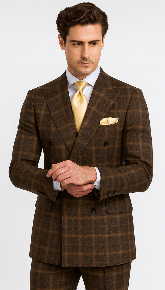 Rossiman Men’s Brown Windowpane Plaid Double-Breasted Wool Suit - Classic Formalwear by USA Men's Outlet