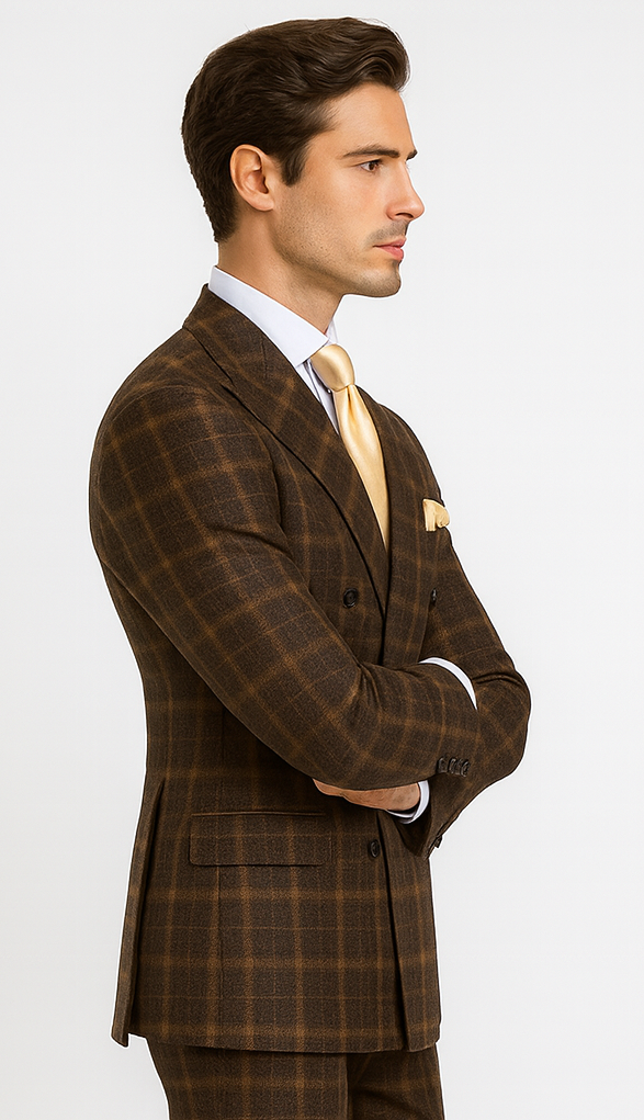 Rossiman Men’s Brown Windowpane Plaid Double-Breasted Wool Suit - Classic Formalwear by USA Men's Outlet