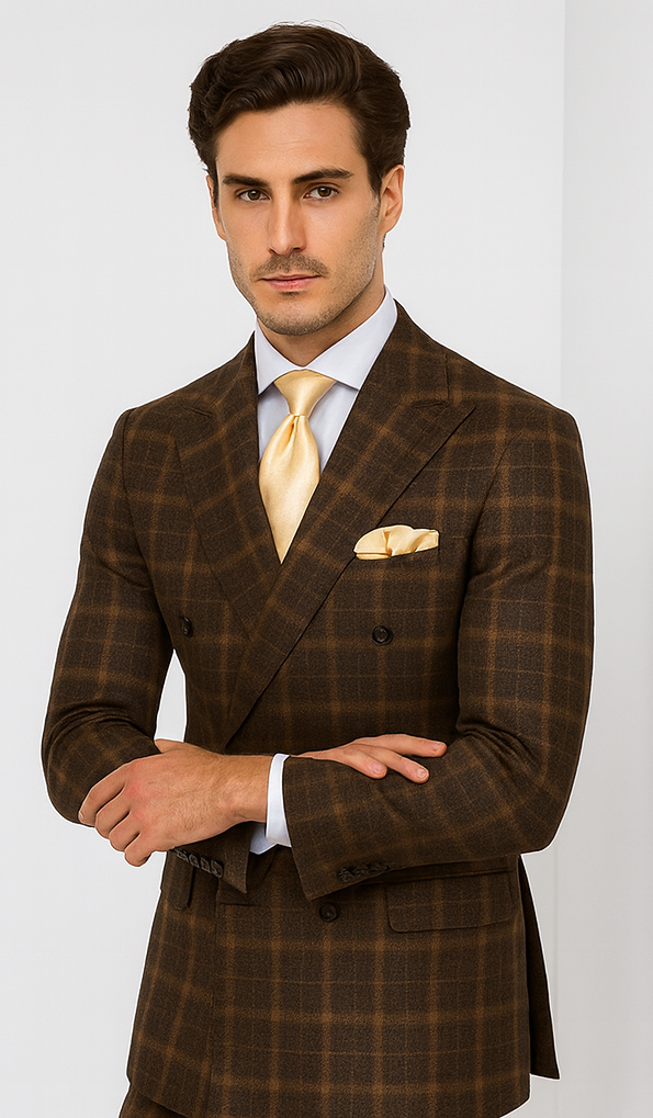 Rossiman Men’s Brown Windowpane Plaid Double-Breasted Wool Suit - Classic Formalwear by USA Men's Outlet