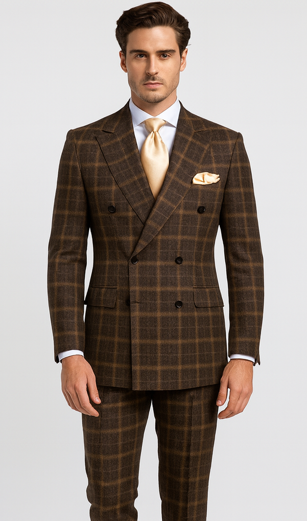 Rossiman Men’s Brown Windowpane Plaid Double-Breasted Wool Suit - Classic Formalwear by USA Men's Outlet