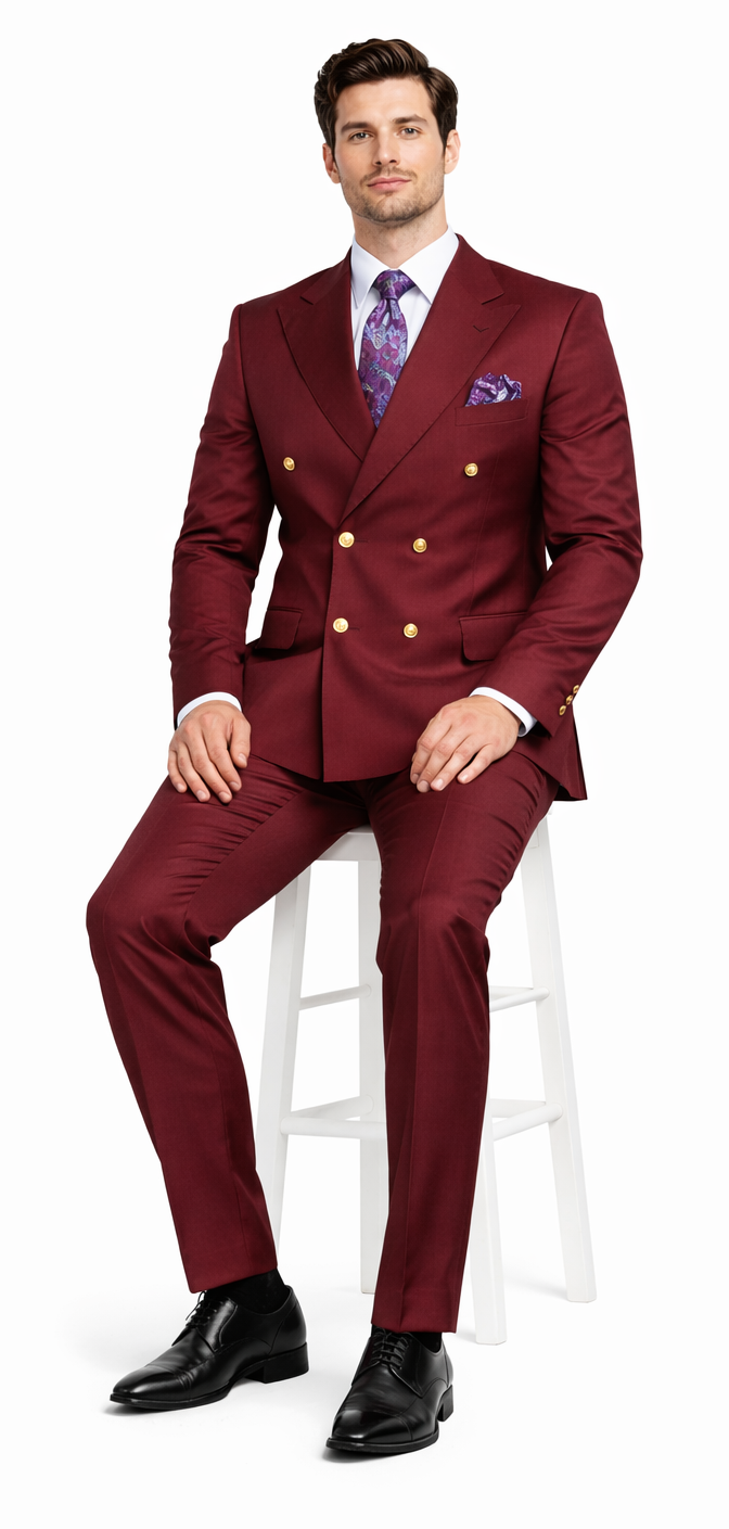 Rossiman Men’s Burgundy Slim Fit Double-Breasted Suit - Modern Two-Piece Formalwear by USA Men's Outlet