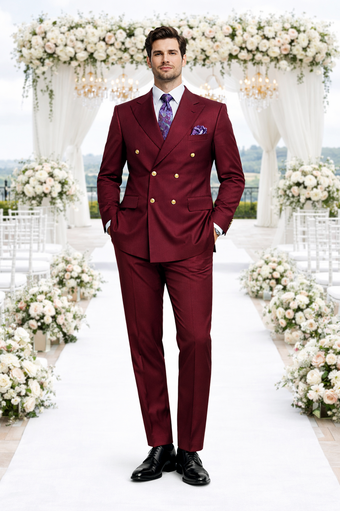 Rossiman Men’s Burgundy Slim Fit Double-Breasted Suit - Modern Two-Piece Formalwear by USA Men's Outlet