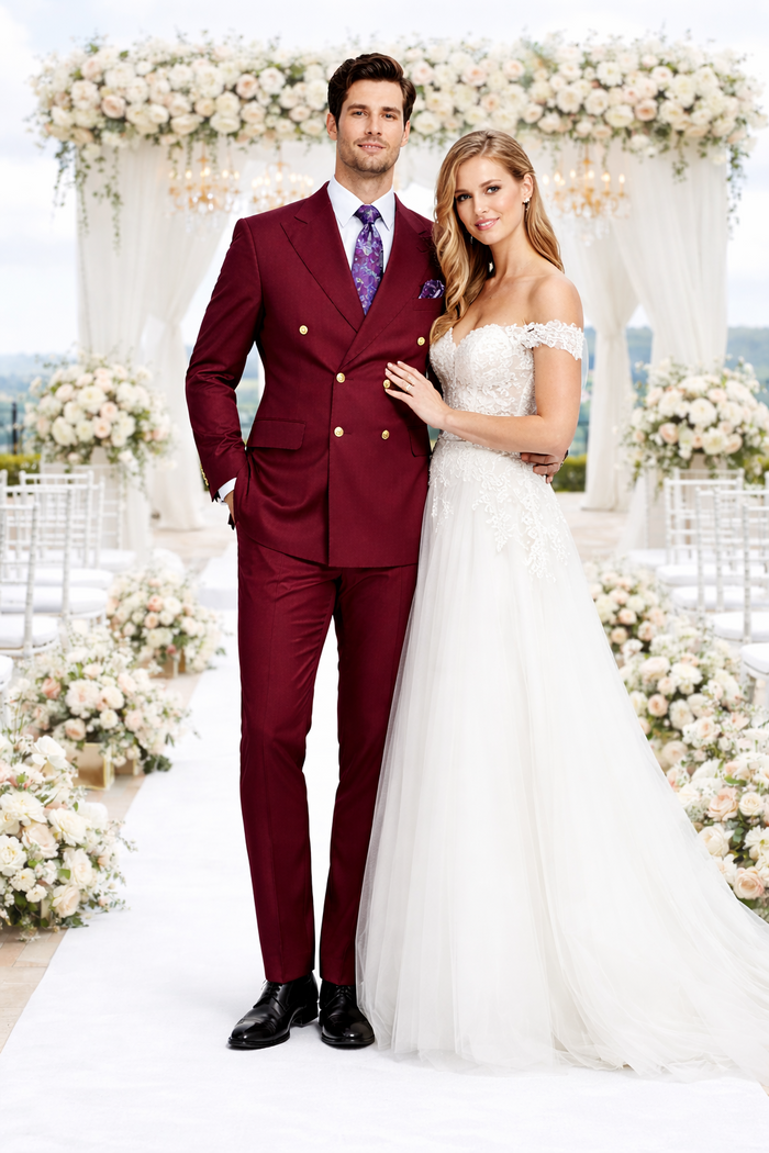 Rossiman Men’s Burgundy Slim Fit Double-Breasted Suit - Modern Two-Piece Formalwear by USA Men's Outlet