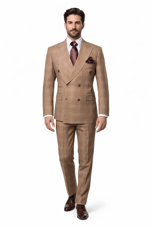 Rossiman Men’s Camel Tan Windowpane Plaid Double-Breasted Suit USA Men's Outlet