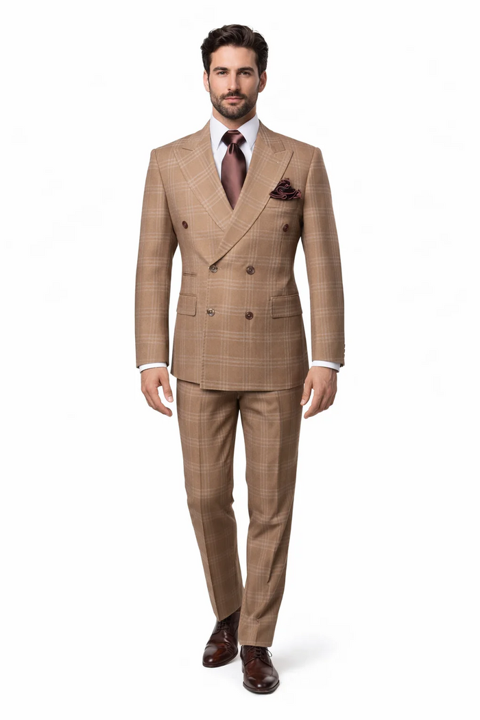 Rossiman Men’s Camel Tan Windowpane Plaid Double-Breasted Suit USA Men's Outlet