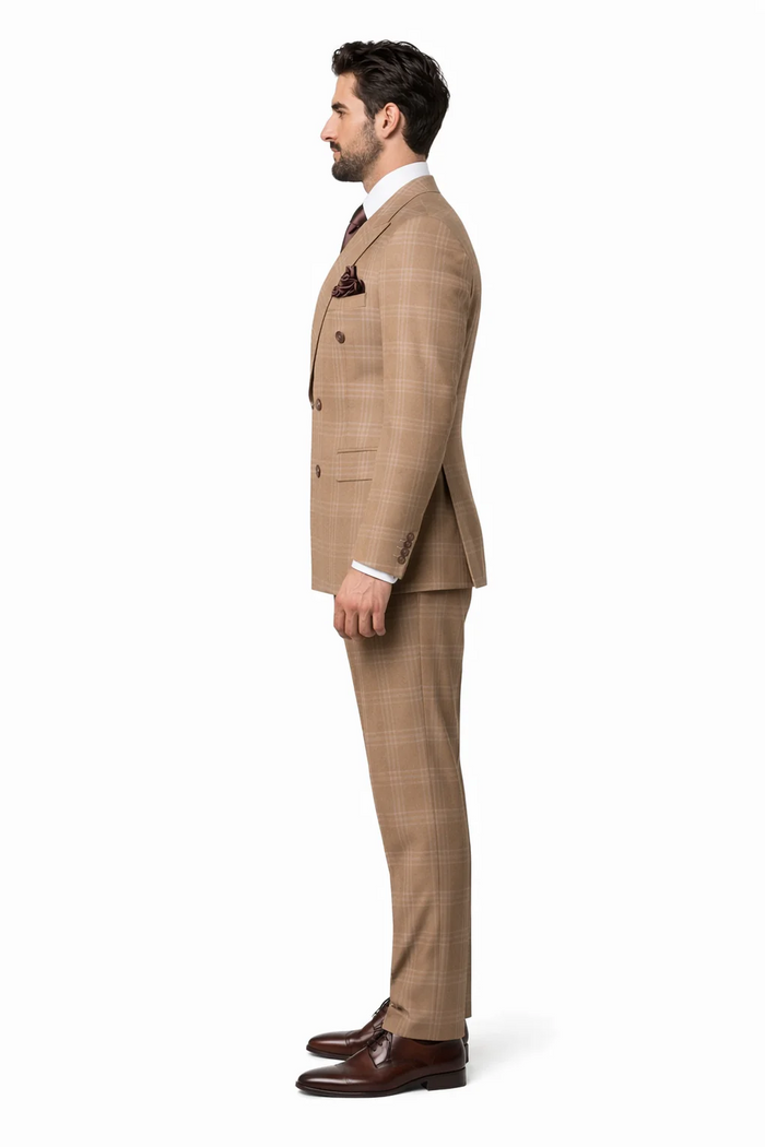 Rossiman Men’s Camel Tan Windowpane Plaid Double-Breasted Suit USA Men's Outlet