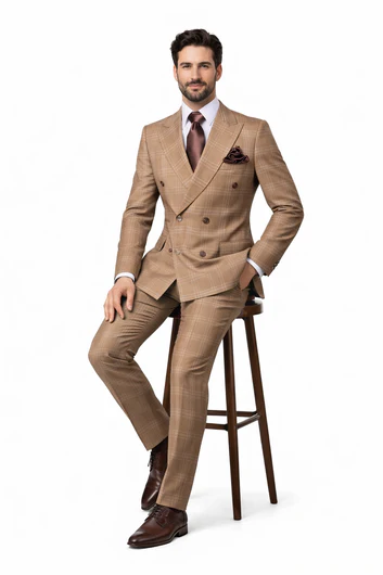 Rossiman Men’s Camel Tan Windowpane Plaid Double-Breasted Suit USA Men's Outlet
