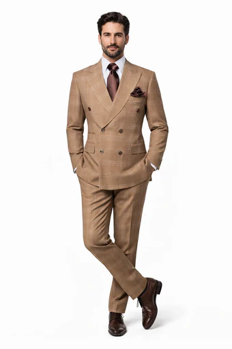 Rossiman Men’s Camel Tan Windowpane Plaid Double-Breasted Suit USA Men's Outlet