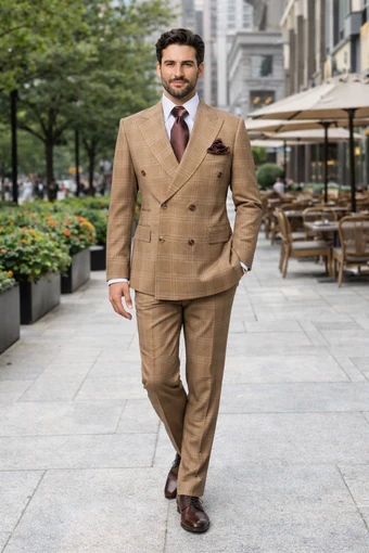 Rossiman Men’s Camel Tan Windowpane Plaid Double-Breasted Suit USA Men's Outlet