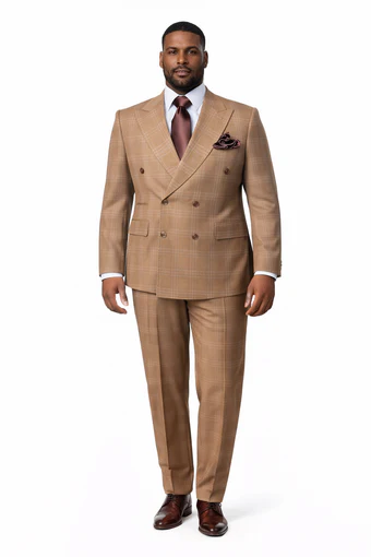 Rossiman Men’s Camel Tan Windowpane Plaid Double-Breasted Suit USA Men's Outlet
