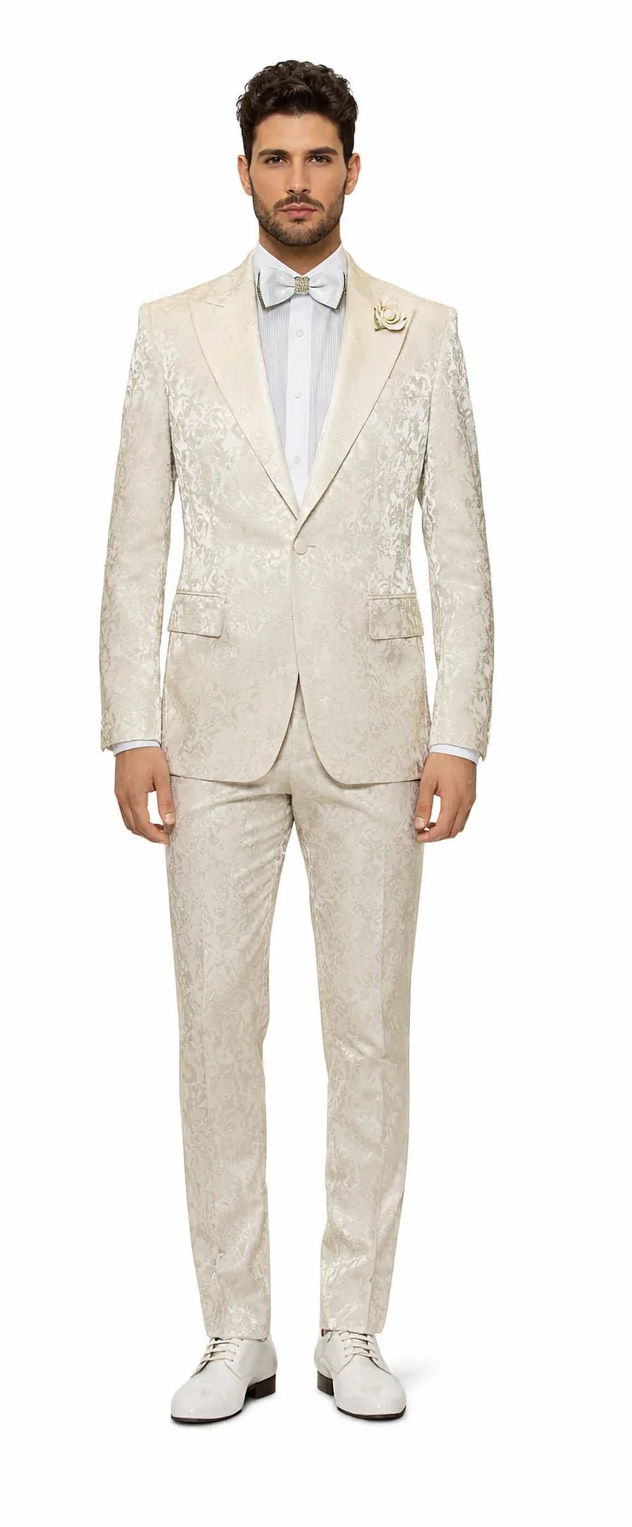 Rossiman Men’s Champagne Ivory Jacquard Paisley Tuxedo - Satin Shawl Lapel by USA Men's Outlet