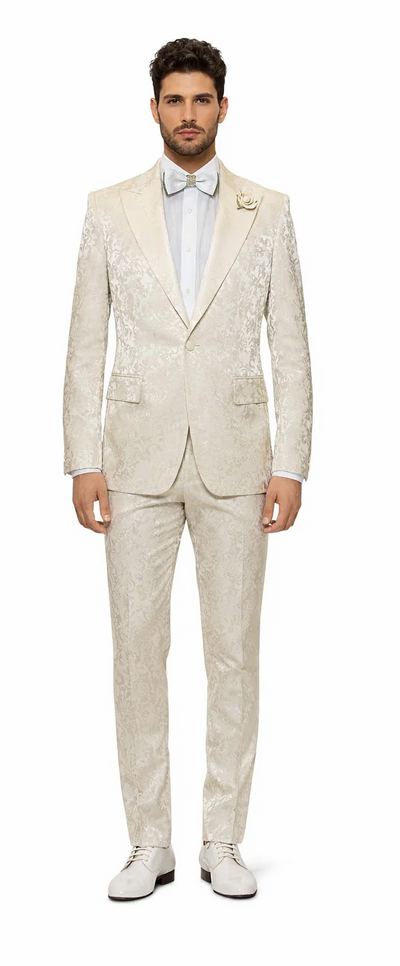 Men’s Champaign Ivory Jacquard Paisley Tuxedo Suit with Satin Shawl Lapel - Elegant Wedding and Prom Outfit By Rossiman USA Men's Outlet