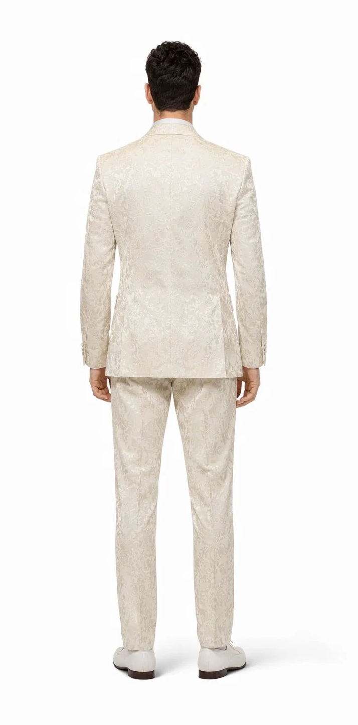 Rossiman Men’s Champagne Ivory Jacquard Paisley Tuxedo - Satin Shawl Lapel by USA Men's Outlet
