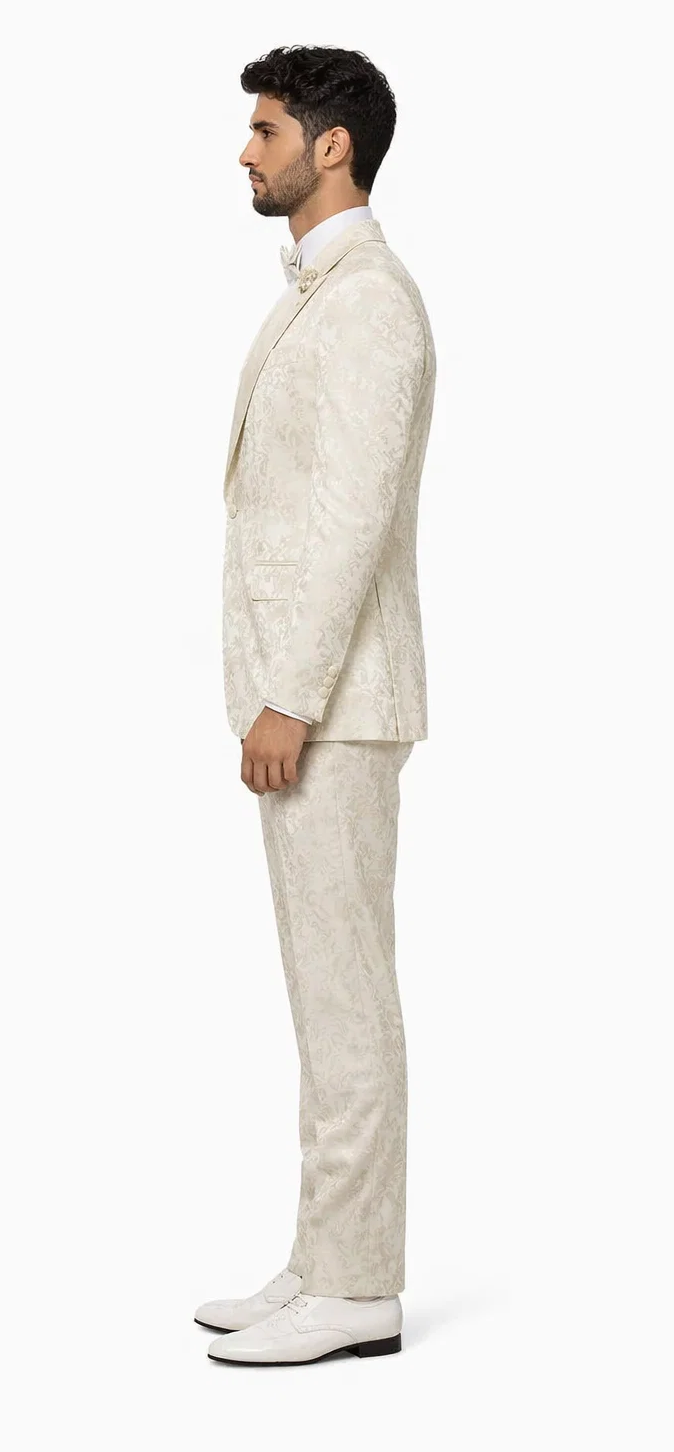 Rossiman Men’s Champagne Ivory Jacquard Paisley Tuxedo - Satin Shawl Lapel by USA Men's Outlet