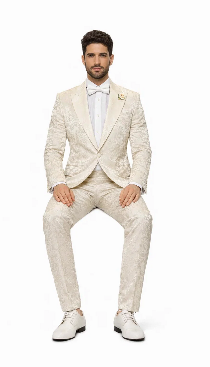 Rossiman Men’s Champagne Ivory Jacquard Paisley Tuxedo - Satin Shawl Lapel by USA Men's Outlet