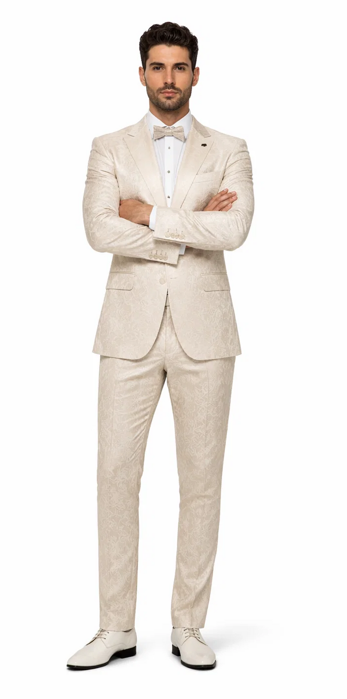 Rossiman Men’s Champagne Ivory Jacquard Paisley Tuxedo - Satin Shawl Lapel by USA Men's Outlet